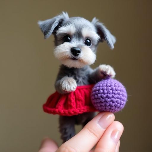 Tiny gray schnauzer puppy stands up holding a purple mini ball on a person's fingertip. Puppy is dressed in a red crochet skirt. Small body fits entirely on one finger. Tender face with a big happy smile. Cheerful demeanor. Smiling puppy looks very happy.