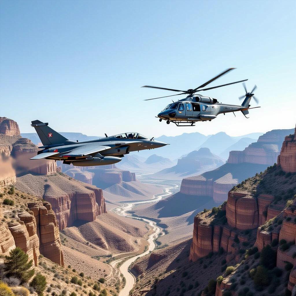 A Dassault Rafale and NH90 helicopter are engaged in a dogfight in a canyon landscape. The scene captures the aircraft flying at high altitude above the winding river and rocky cliffs.