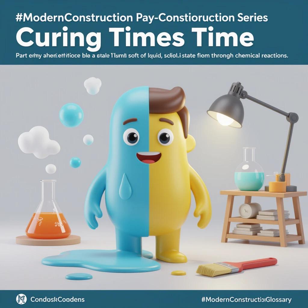 3D illustration of a character representing curing material. Character is half-liquid and half-solid. Expression is patient and focused. Stopwatch in background emphasizes time. Simple industrial lab setting. Warm and inviting colors. Friendly and professional style. Subtle chemical particles could be included.