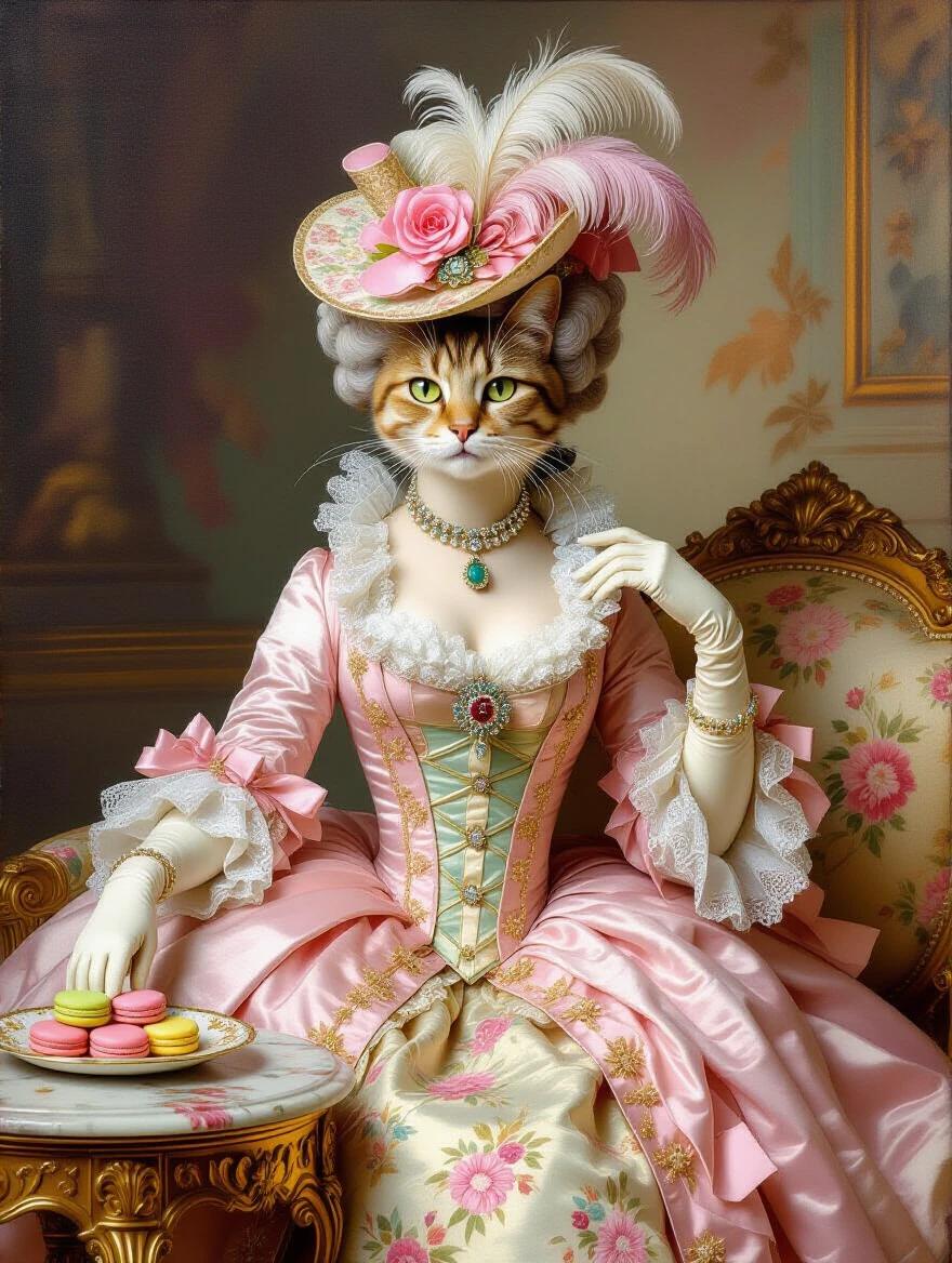 Anthropomorphic cat dressed in pastel colors in Marie Antoinette style. The cat has a feathered jeweled hat and lace necklace. Sitting elegantly on a sofa with a plate of macaroons. The setting reflects 18th century Versailles court. High quality composition with mixed media elements and textures.