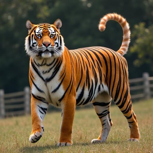 Fusion of a tiger and a horse in a natural setting. Animal with distinctive tiger stripes and features of a horse. Background shows grassy field and trees. Tiger's posture is dynamic and realistic.