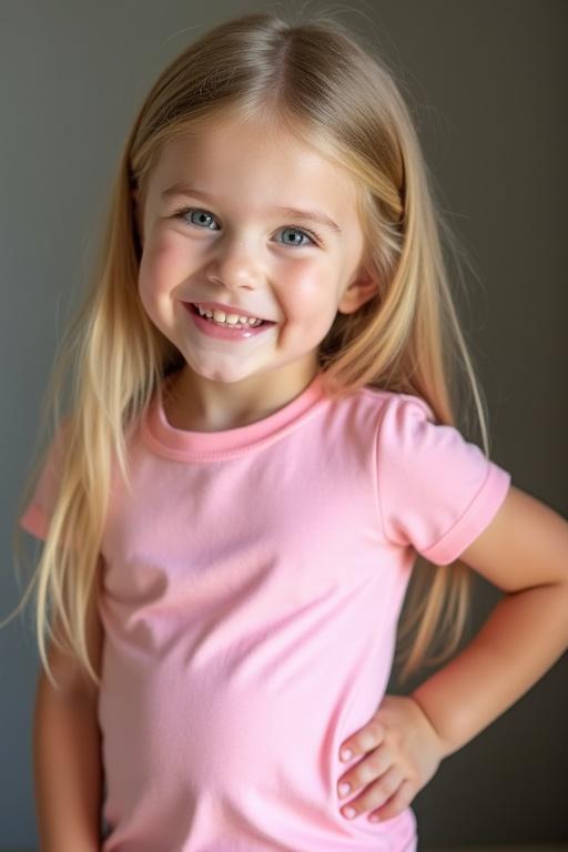 Image features a 4 year old girl with long blonde hair. She wears a fitted pink t-shirt. Her pose is relaxed with hand on hip. Soft and inviting lighting is present. Image captures typical childhood moment with playful feel.