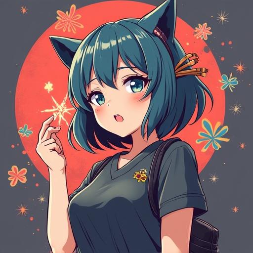 Anime character shows cute expression with cat ears. Background features star and colorful flowers. Character wears t-shirt and holds a spark.