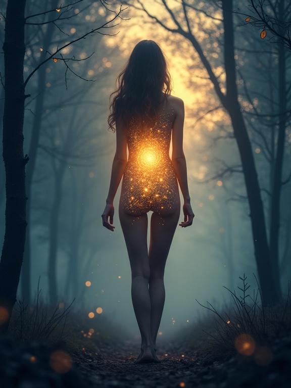 Illustration of a human standing in a misty forest at twilight. Inside abdomen, a warm golden light pulses, symbolizing intuition. Light forms delicate swirling patterns extending outward into the mist. Scene is calm and mystical. Faint sparkles in the air, natural elements in background. Color palette of deep blues, purples, and warm golds.
