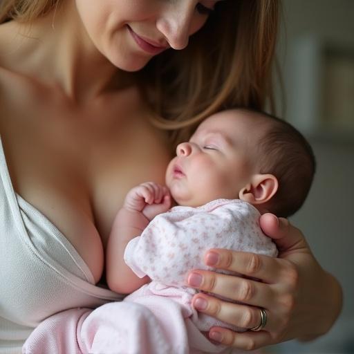 Close up of a mother breastfeeding her baby. Soft and intimate moment. Mother looks lovingly at her child. Baby appears calm and is drinking. Gentle colors and natural light create a warm atmosphere.