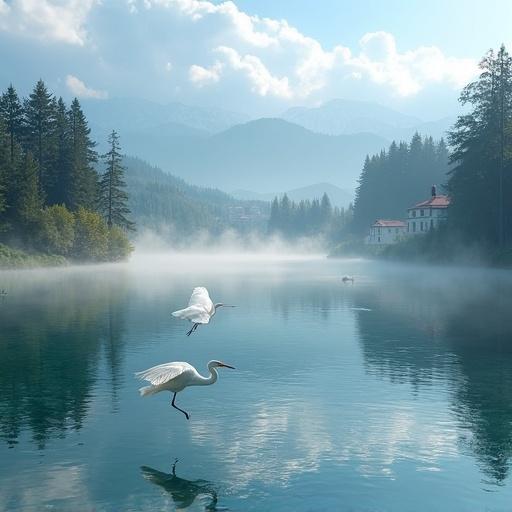 Clear lake blinks with sunlight. Surrounded by coniferous forests. Red-roofed white-walled buildings appear in distance. Morning mist flows over forest and water. Two white egrets fly across mirror-like lake reflecting sky and clouds. Natural light effects high precision details show serene ecology.