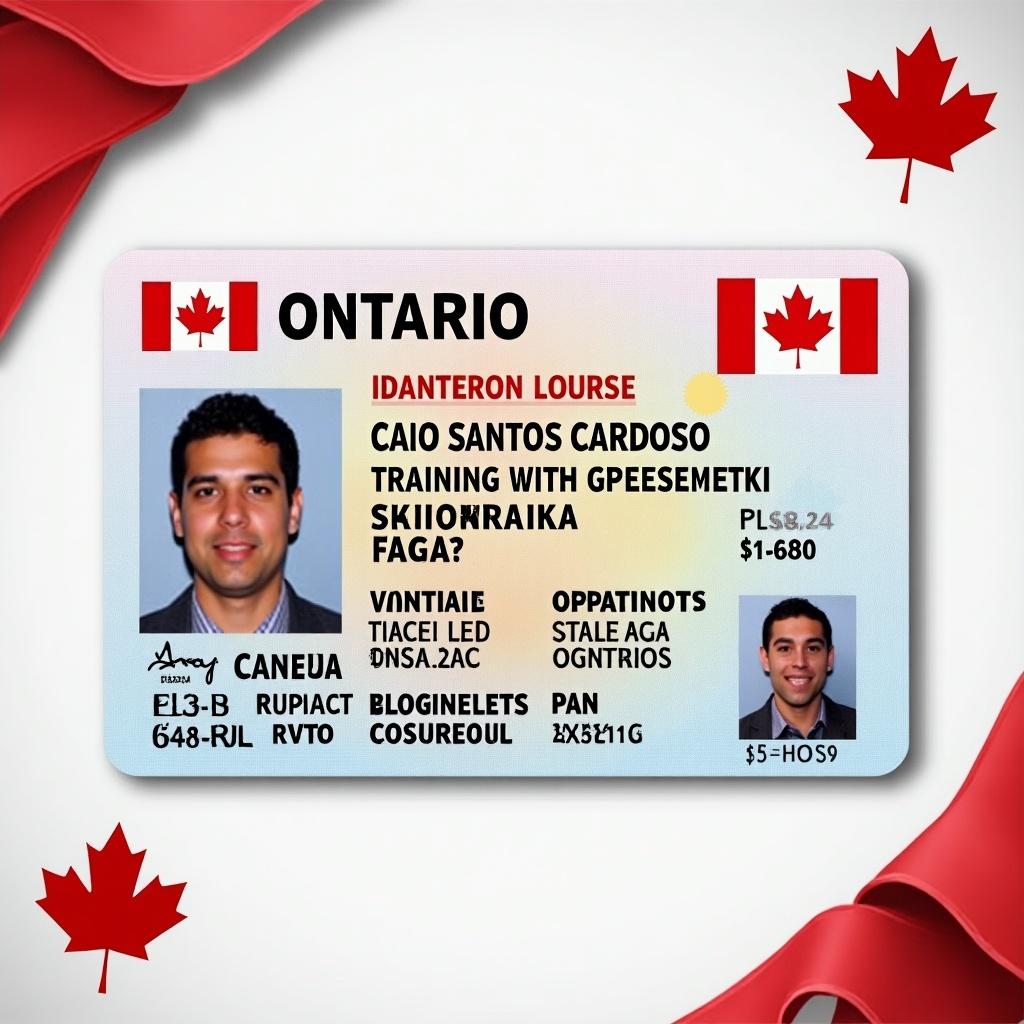 The image displays a driver's license issued in Ontario. The name Caio Santos Cardoso appears at the top. Included are various identification details. The design features elements of Canada, including the national flag. The overall look complies with typical ID card layouts.