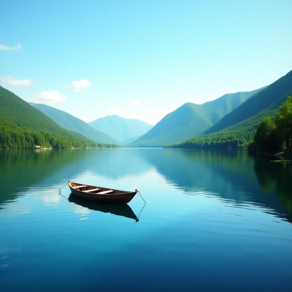 Scenic view of a tranquil lake with a boat floating. Mountains surround the lake under a clear blue sky. Ideal for promoting nature and relaxation.