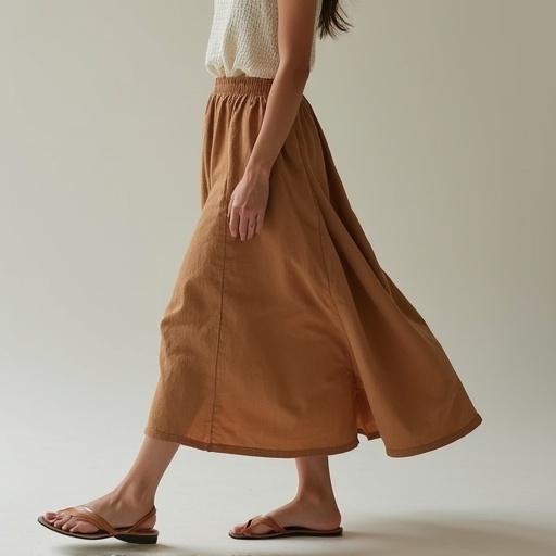 Model wears high-waisted linen skirt in earth tones. Skirt hugs hips and flows gracefully as she walks. Movement subtly reveals figure's curve.