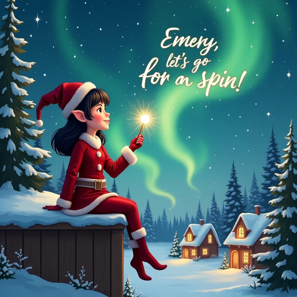 Female elf on wooden ledge. Dark hair and eyes. Gazes at starry sky and vibrant Northern Lights. Dressed in festive red outfit and pointed hat. Holds a sparkling wand. Writes in the air with magic. Surrounded by snowy landscape with charming houses and evergreen trees. Captures childhood magic and Christmas cheer.