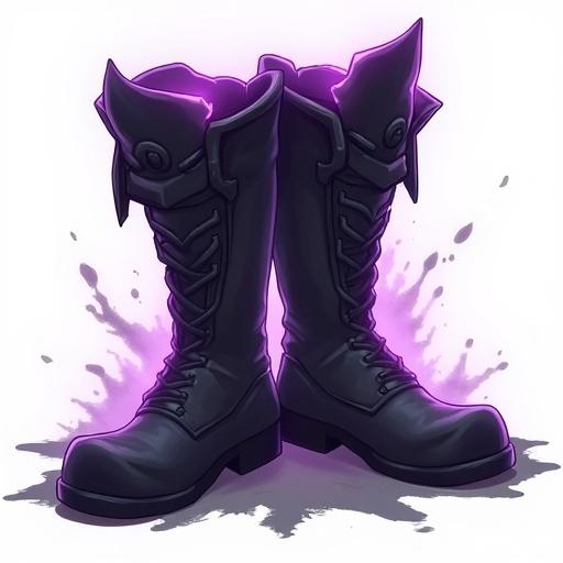 Abyssal Vanishers boots with a matte black finish that absorbs light. Boots have a subtle purple shimmer at edges with dark tendrils. Designed for an ARPG as a game asset. No background, transparent setting with a violet aura effect.