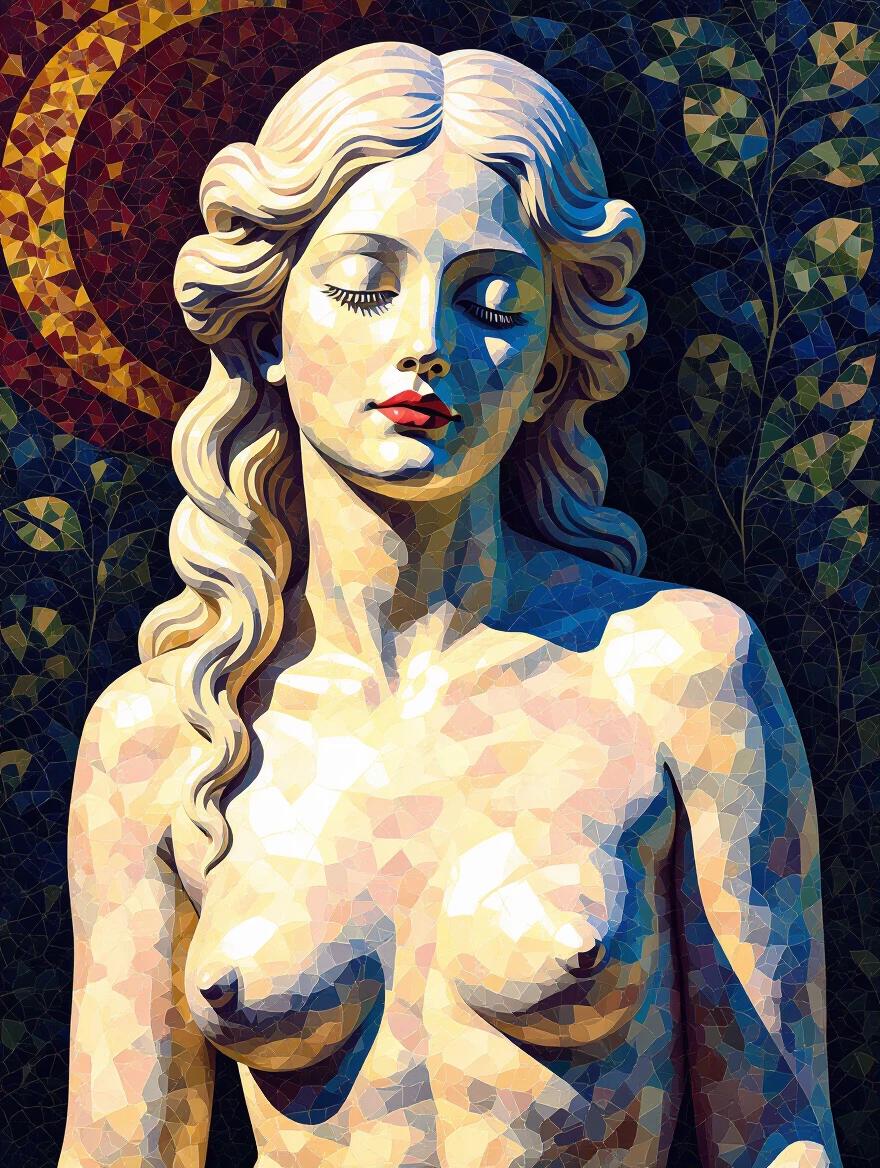 Close-up view of a stylized nude female statue. Artwork uses pointillist techniques and vibrant colors. The statue features soft facial features and long flowing hair. Background is richly decorated with leafy patterns and warm tones.