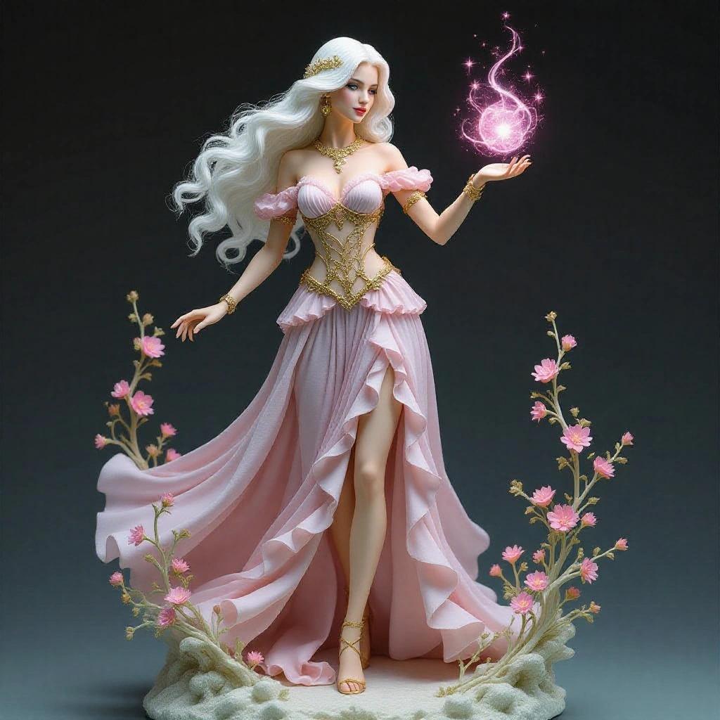 Highly detailed resin sculpture of a goddess inspired by the sign of Virgo. Woman with alabaster-white skin. Pure white hair falls straight to knees. Light pink princess dress with ruffles. Gold metal corset with embroidered details. One leg exposed through side slit. Posed as a sorceress queen casting magic. Delicate flower crown. Fine jewelry. Expression of wisdom and purity. Base made of flower petals.