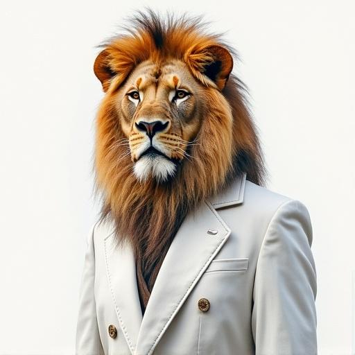 A lion with a majestic mane wears a sophisticated white suit. The lion stands confidently with a proud expression. The background is a plain white to emphasize the subject.
