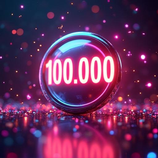 A vibrant digital artwork featuring a large glowing 100.000 badge or counter. Surrounded by colorful confetti and sparkles. Dynamic light effects create an exciting atmosphere. Represents achievement on TikTok. Has a modern energetic vibe.