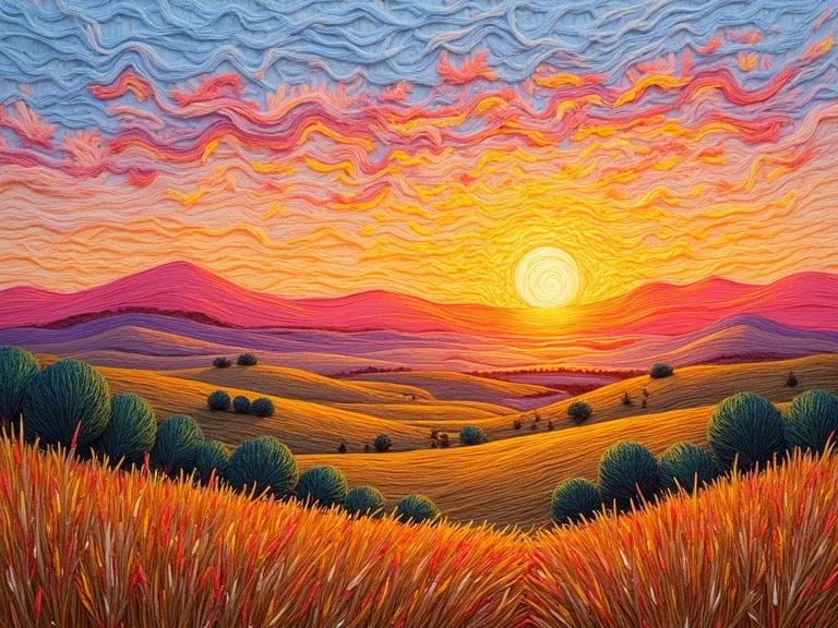 Serene sunset landscape with flowing loose embroidery threads creating a vibrant vista. Sun setting under soft pastel skies with distant elements and tactile depth from stitches.