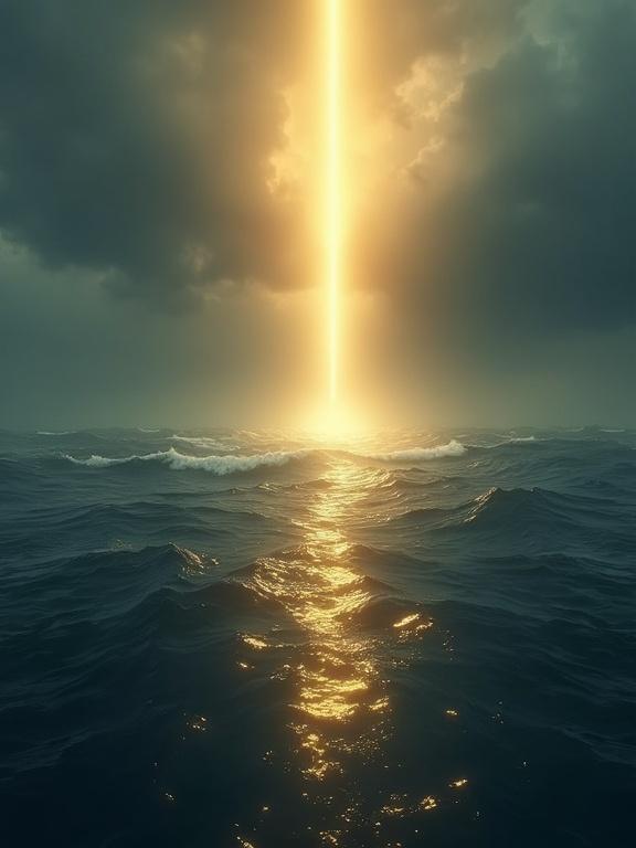 A cinematic art piece with a dark turbulent sea. Rough waves show inner chaos. A golden beam of light descends from the cloudy sky. At the contact point with the water, calmness arises. The water is smooth and reflects the light. Agitated surrounding sea contrasts with peace. This symbolizes divine intervention and profound relief.