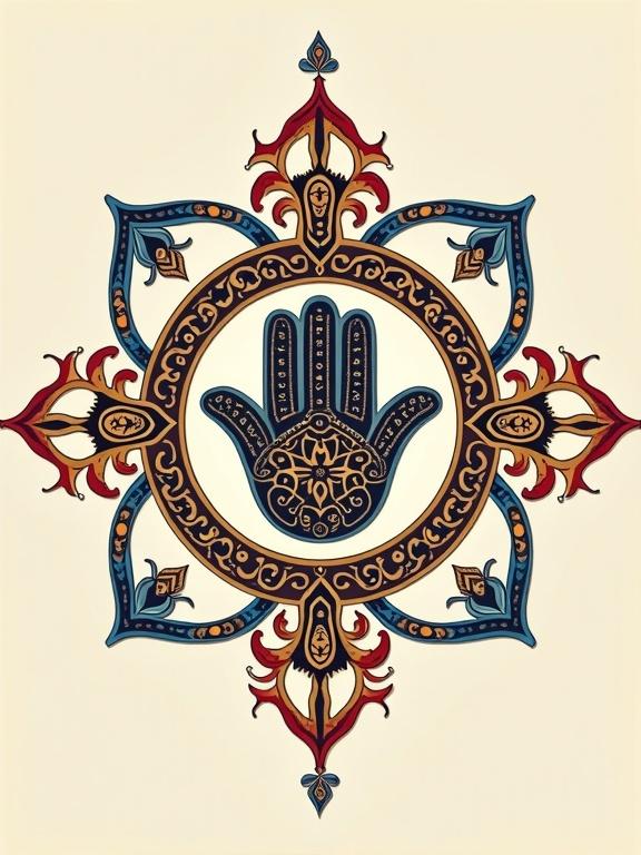 Surrealistic design features traditional Tunisian Khamsa in the center. Surrounded by bio-geometry shapes like star plate and interlocking circles. Includes simple ornaments. Colors are traditional Tunisian: blue, red, gold. Background is light and neutral.