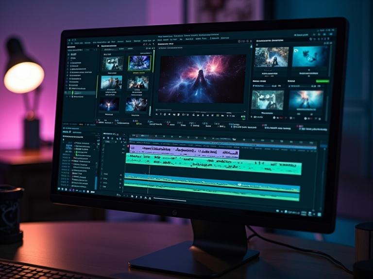 Computer screen displaying popular video editing software. Software names include Premiere Pro and Final Cut Pro and DaVinci Resolve. Screen shows plugins and timelines. Beautiful and modern workspace is visible. Dimly lit with soft colors.