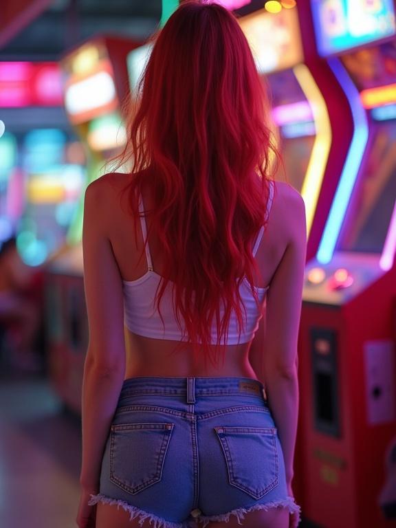 A youthful woman enjoys arcade games. She wears a crop top and high-cut denim shorts. The scene is in a bustling arcade with vivid neon lights and colors.