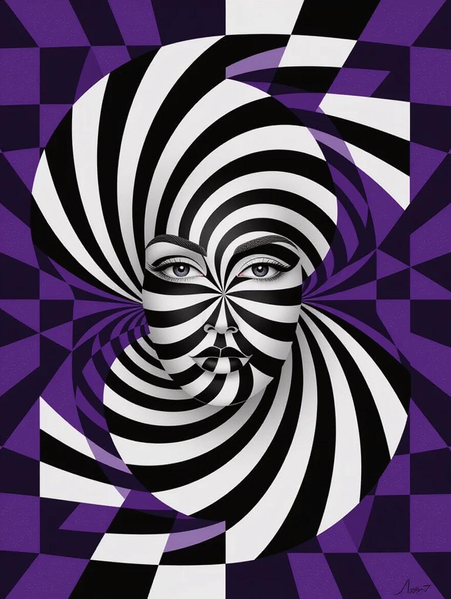 Digital art piece features optical illusion of a face in black and white. Stripes create spiral pattern swirling around it. Background has large checkered patterns in purple and gray, adding depth. Sense of movement suggests immersion into another dimension.