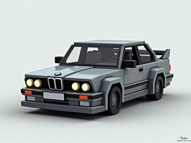 Gray BMW M3CS sedan in Minecraft style. Voxel and cubical 3D representation.