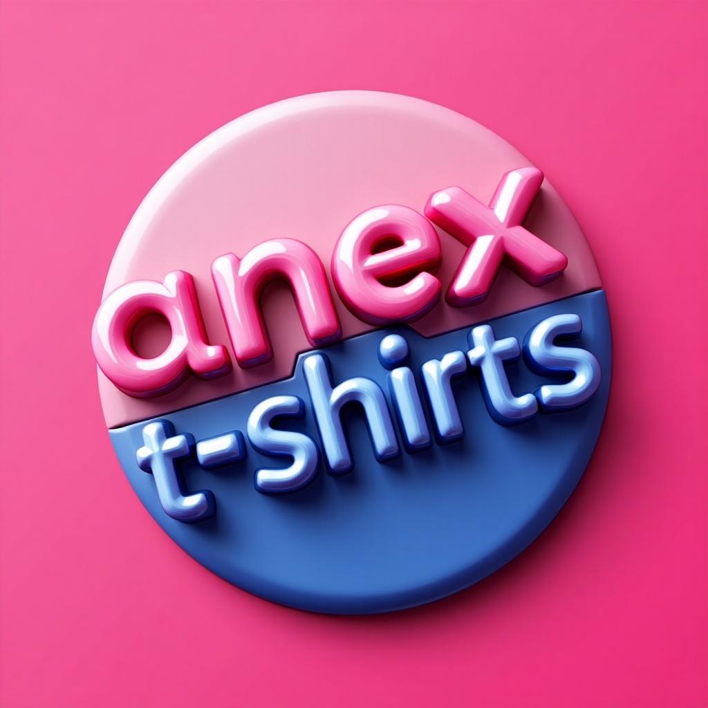 This image features a modern branding design for 'anex t-shirts'. The logo consists of glossy, rounded 3D letters in vibrant pink and blue. It is set against a bold pink background, creating a striking visual impact. The circular shape of the logo adds to its appeal, making it eye-catching for potential customers. This design is perfect for use in fashion marketing and e-commerce websites, attracting viewers with its playful yet professional look.