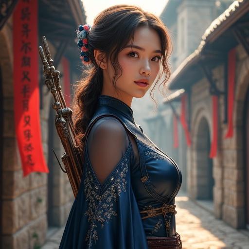 A 25-year-old female senior scout named Clarisse inspired by a fantasy character. Porcelain-like skin with natural glow. Wears fitted indigo kimono-inspired armor with embroidery. Chestnut brown hair styled side-swept. Expressive eyes and gentle smile. Carries a yumi bow with intricate designs. Background features a medieval fortress courtyard with banners and lanterns.