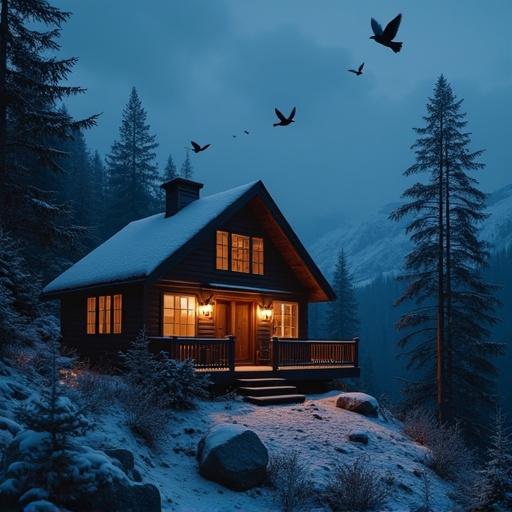A glowing cabin surrounded by tall evergreen trees with snow covering the ground. Small birds are flying around the cabin. Dark mountains in the background. The scene is illuminated by the cabin's warm lights against a night sky.