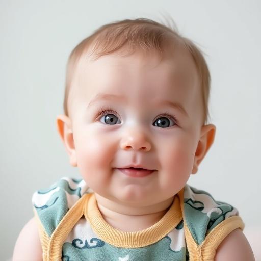 A close-up view of a cute baby wearing colorful, European-style baby clothes. The baby has a calm expression and is looking directly at the camera. Soft natural lighting is used with a bright background.