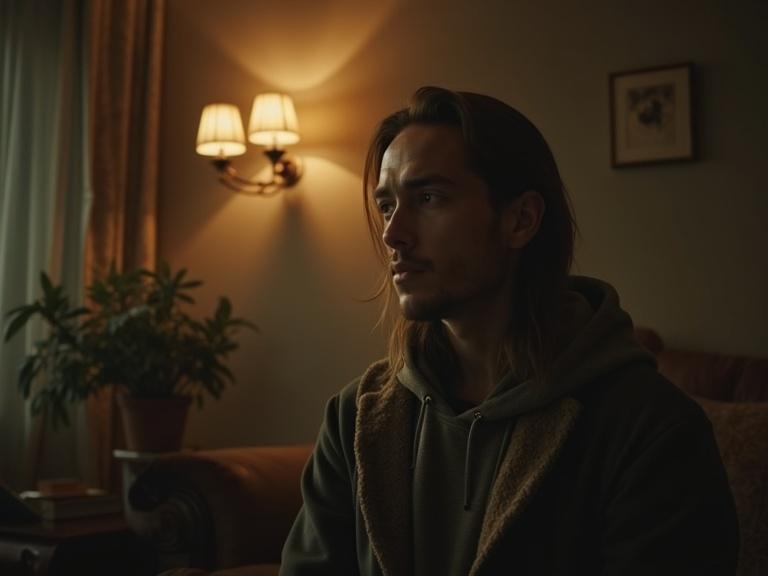 Cinematic film still captured in a warm interior scene. Subject seated on a couch in a dimly lit room. Soft lighting enhances the cozy atmosphere. The background features a decorative plant and wall art. A classic home setting evokes nostalgia. Shot on high-quality film for a stunning visual effect.