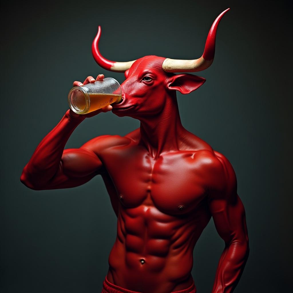 A bull-headed person with a muscular body drinks an energy drink confidently. The figure has a red skin tone and is posed in a way that exudes strength and charisma. The background is dark to contrast with the vibrant colors.