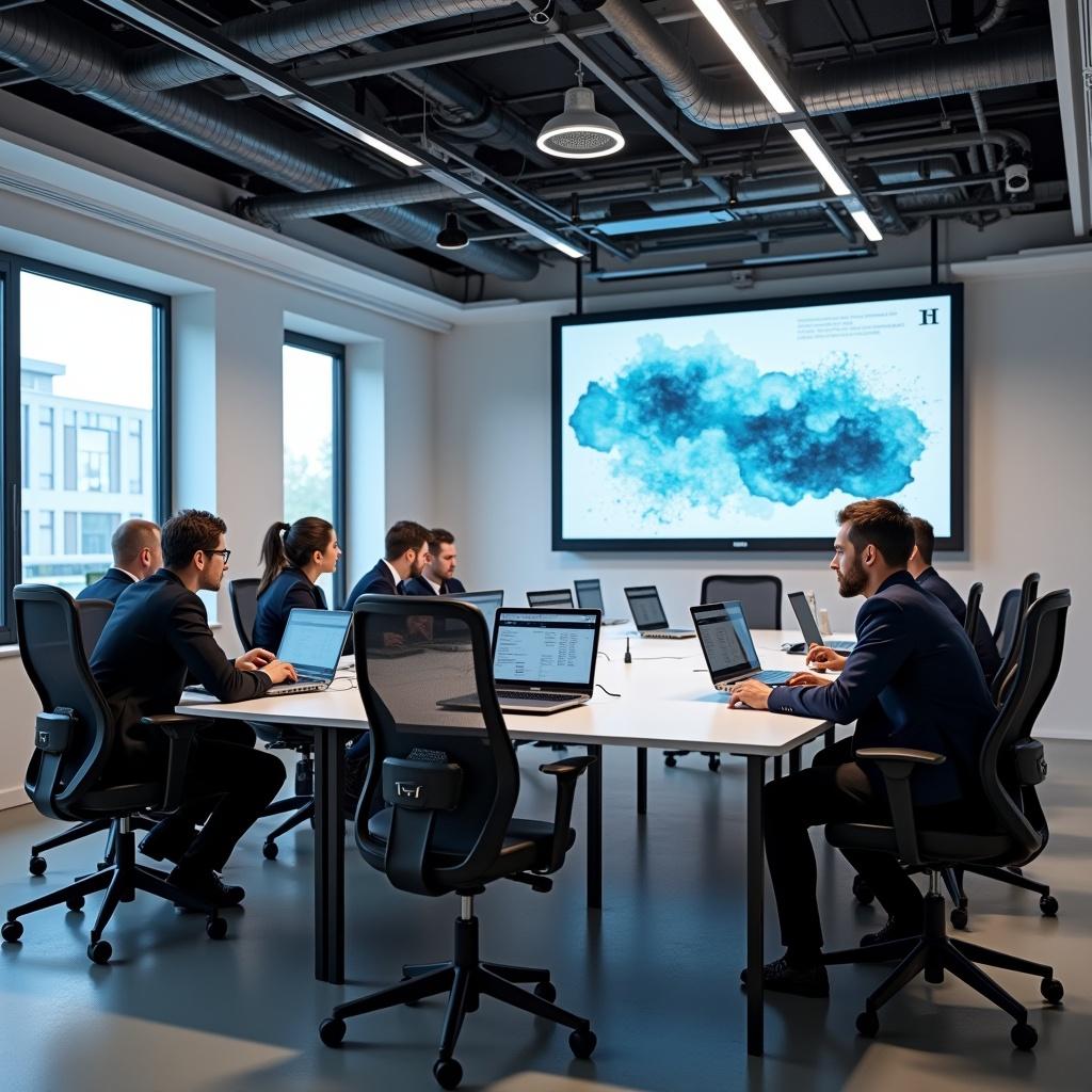 Training room for engineers training session. Group of professionals attending training at a modern facility. Large screen displaying content. Individuals working on laptops. Bright, well-lit environment with windows.