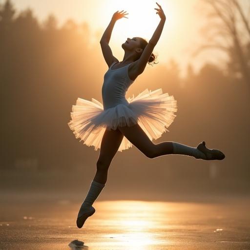 a young norwegian ballerina captured in mid air doing a grand jete backlight by sun wearing a white sheer leotard wool leg warmers