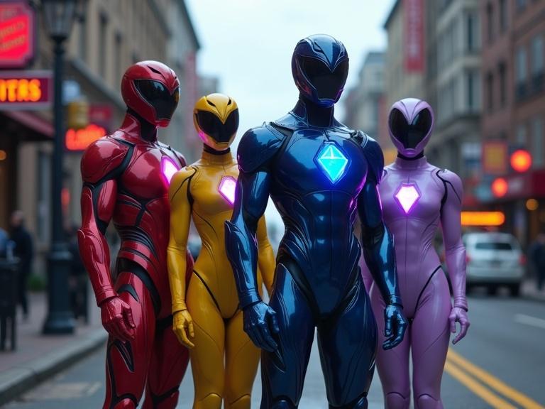 Four colorful Power Rangers stand confidently on a busy town street. They wear sleek and shiny suits with glowing chest emblems. The cityscape includes shops, street signs, and cars. The atmosphere is dark and cinematic with a cloudy sky. The rangers display a mix of colors including red, blue, yellow, and purple. The scene emphasizes iridescent armor details and futuristic designs.