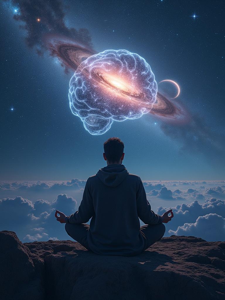 A person sits cross-legged on a rocky surface. The individual is meditating while a glowing brain appears above. Surrounding is a vast universe with galaxies and stars. The scene conveys a sense of peace and cosmic connection.