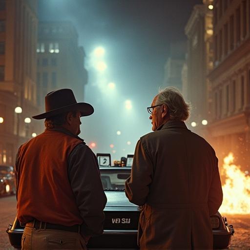 Scene from a film featuring two characters observing historical event. The atmosphere suggests tension. Characters are dressed in vintage clothing. Background depicts urban setting with dramatic lighting. Focus on DeLorean car. Filming style reminiscent of classic cinema.