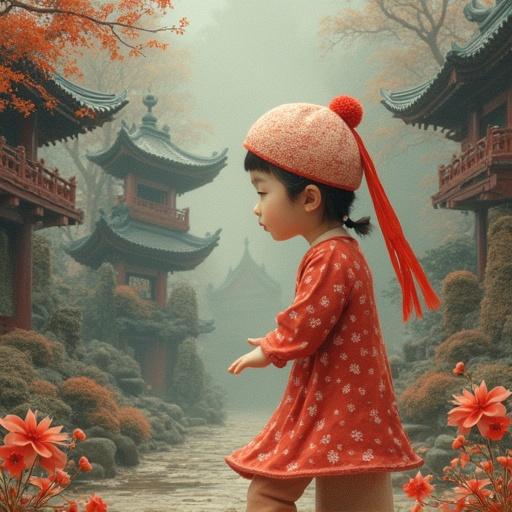 Image features traditional Eastern architecture surrounded by lush green forest. Main structure is red with golden roofs, showcasing typical Eastern style. The picture is slightly blurred, adding a dynamic visual effect. Overall atmosphere is calm and mysterious, resembling a peaceful paradise.
