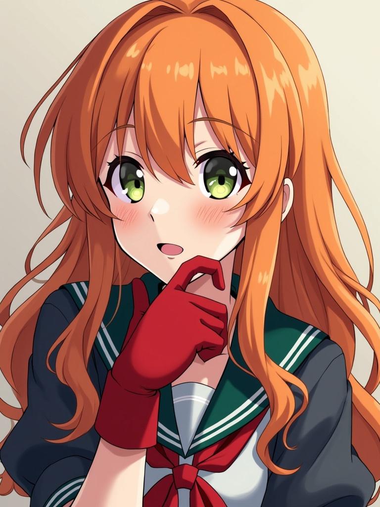 Anime girl with orange hair wearing a red glove. She has green eyes and a sailor-style school uniform. The girl has a playful expression while touching her chin. Her hair is long and wavy.