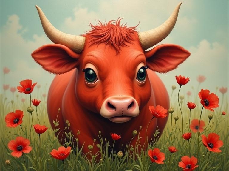 Whimsical surrealist painting of a red cow with big eyes in a meadow. Cow has exaggerated shapes and is surrounded by poppies. Soft, blended textures and a muted background provide an eerie yet playful vibe. Mixed brushstroke styles create a dreamlike scene.