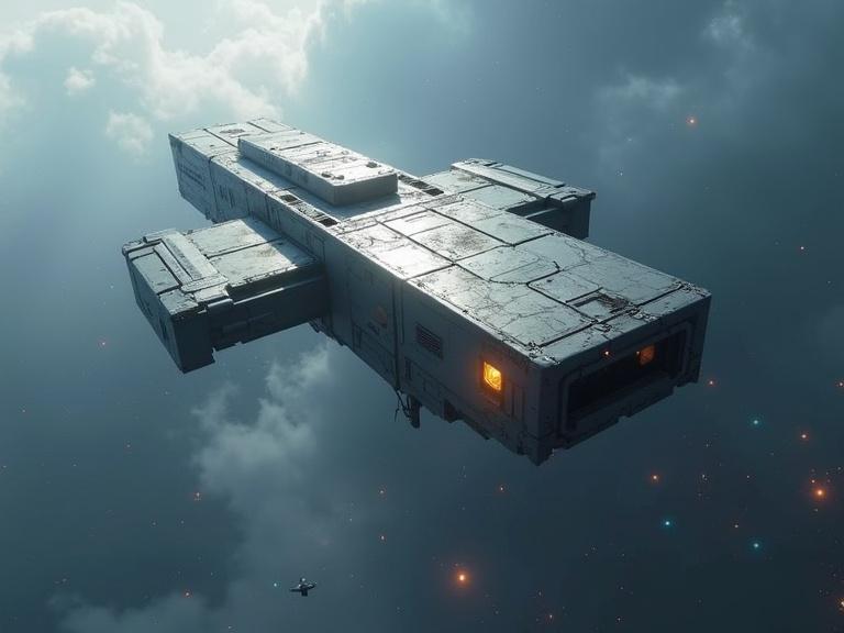 Image depicts a military sci-fi dropship with a bevel rectangle blocky shape. It has a sleek grey metallic exterior with specular highlights and scratchy textures. The atmosphere is white and blue, featuring realistic details, shadows, and textures. Overall presentation in 4K resolution.
