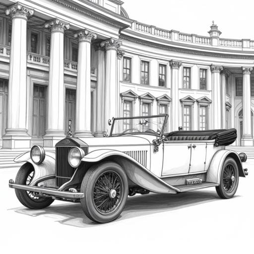 Illustration features an impressive black and white line art of a large luxurious open-top touring car from the 1910s or 1920s. Car displays spacious seating and long powerful hood positioned in front of a grand palatial building. Background building showcases classical architecture with columns and ornate facades. Car rendered with sharp lines; building sketched with lighter strokes. View is ¾ front highlighting grandeur.