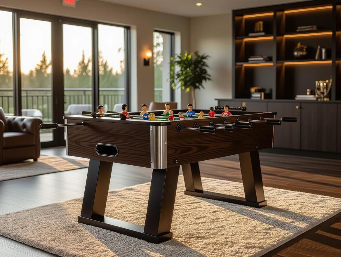 Image of a premium foosball table in dark wood finish with brushed metal rods. Features realistic player figurines mid-action. Soft overhead spot lighting enhances the scene. Clean polished handles on the table. A plush rug is placed beneath the table. Background shows a luxury seating area and built-in shelves. Golden hour tones filter through panoramic windows. The ambiance reflects a refined high-end game room atmosphere with cinematic photorealism.