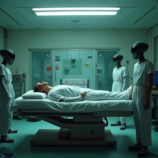 A human lies on a medical table. Surrounded by three aliens with green helmets. Medical instruments visible in the setting. Full body view from the side angle. Clean and sterile environment. Modern healthcare theme.