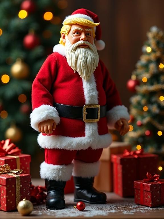 Action figure styled as Donald Trump as Santa Claus with Christmas gifts and tree. Professional lighting simulating toy packaging design. Accessories arranged neatly on the side.
