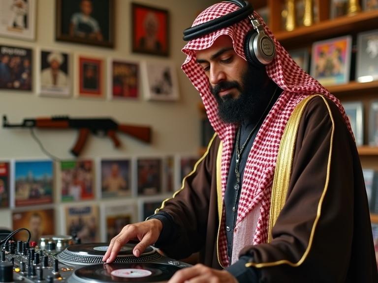 Saudi DJ playing vinyl records inside a music store. Wearing professional DJ headphones. Next to displayed AK-47 on the wall. Surrounded by vinyl records. Enjoying the music.