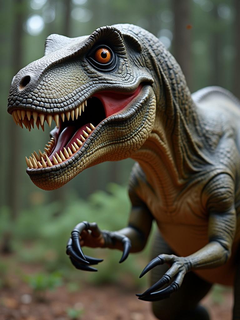 A realistic toy representation of a T-Rex dinosaur. The figures are placed in a natural setting among lush trees and soft ground. The dinosaur's arms are positioned with claws prominently displayed. Detailed texture and colors on the surface of the dinosaur are visible.