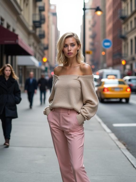 The image shows a young woman on a city sidewalk. She stands facing the camera with a confident expression. The background features urban architecture typical of New York City. Soft daylight enhances the scene, suggesting either early morning or late afternoon. A busy city atmosphere is evident with blurred pedestrians and traffic behind her.