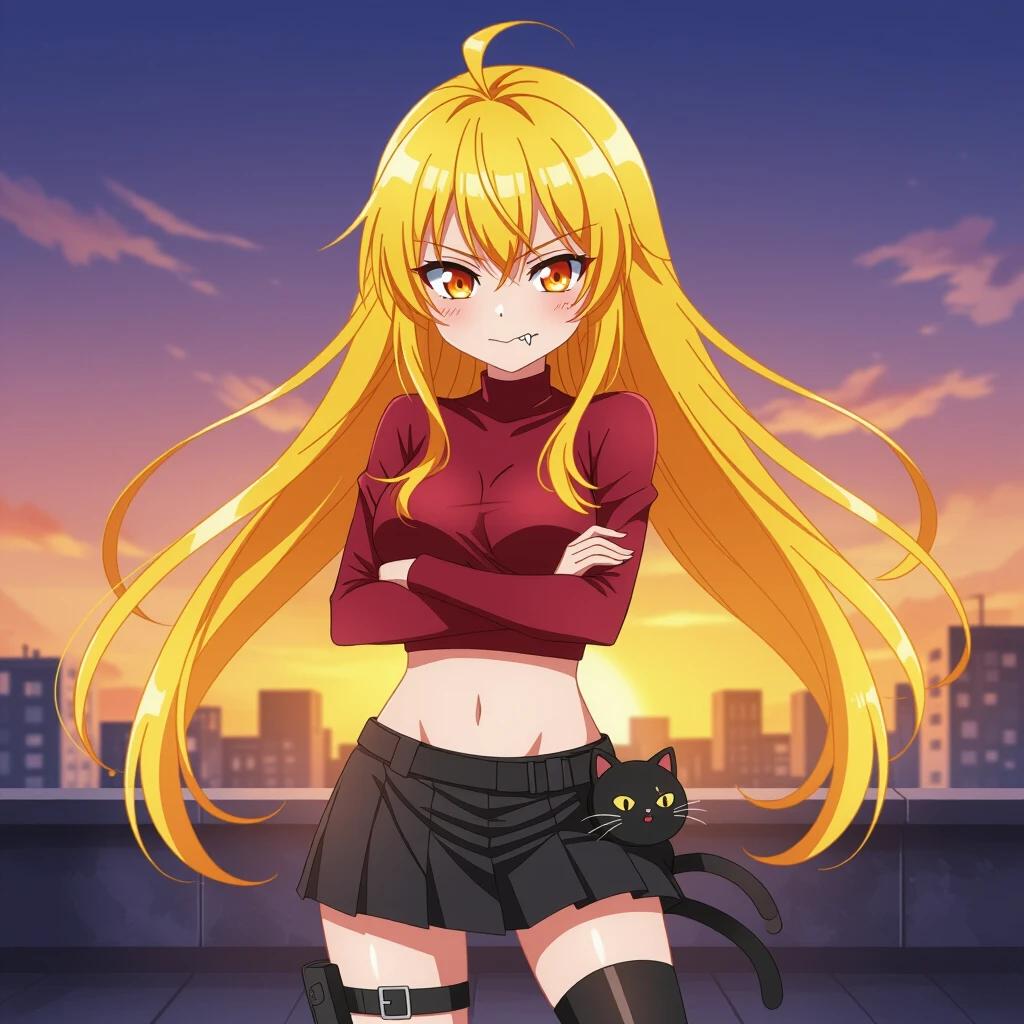 A slender anime girl stands confidently. She has long flowing yellow hair and sharp golden-orange eyes. A prominent canine tooth sticks out. She wears a cropped dark red top. A black combat skirt is worn. A black thigh strap is on her right leg. A small black cat plushie dangles from her hip. Her expression is proud and flustered. The background features a sunset sky over a city rooftop. Her hair blows slightly in the wind. The style is detailed and expressive.
