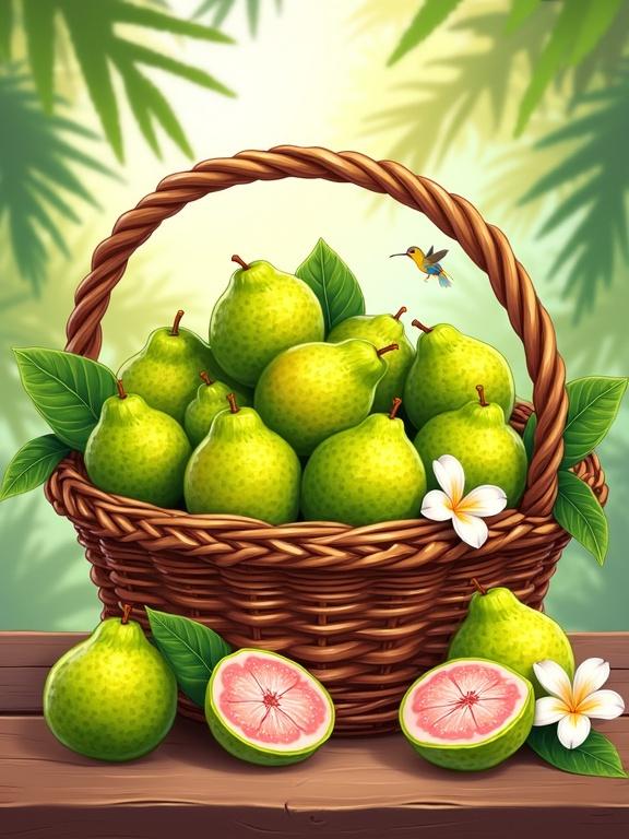 Cartoon illustration of a wicker basket full of fresh guavas. Some guavas are whole with green-yellow skins. Others are sliced showing pink or white pulp with seeds. There are green guava leaves and white blossoms. The basket is detailed and slightly tilted spilling guavas onto wood. The background is bright with tropical vibes and palm fronds. A hummingbird is nearby.